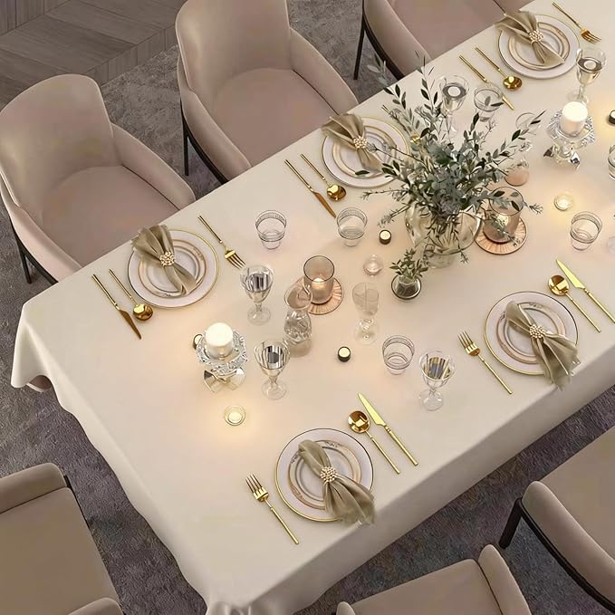 Table Cloth Rectangle Tables Decor 84''x60'' - Waterproof Plain Weave Fabric Table Cover, Wrinkle and Stain Resistant Tablecloth for Kitchen Dining Room Party - Cream