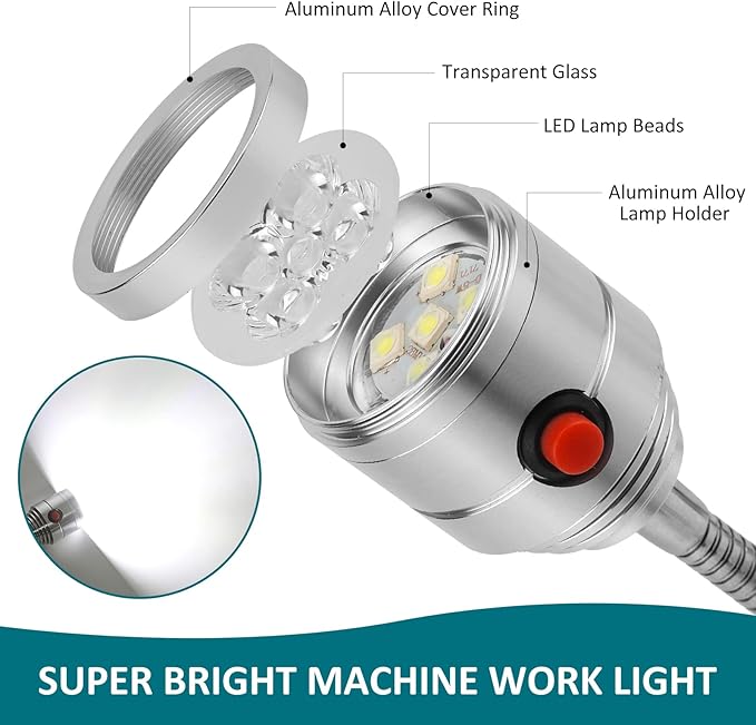 Magnetic Work Light, LED Machine Light with Flexible Gooseneck and Magnetic Base, Shop Tool Lamp for Lathe, Work Bench, Sewing Machine, Grill, Desk, Industrial Lighting Silver
