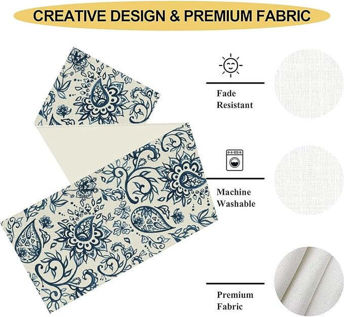 Blue Paisley Table Runner, Vintage Damask Antique Floral Flower Boho Damask Swirled Rustic Coffee Table Center Decor for Family Kitchen and Living Room Outdoor Table Decorations, 13"x36"