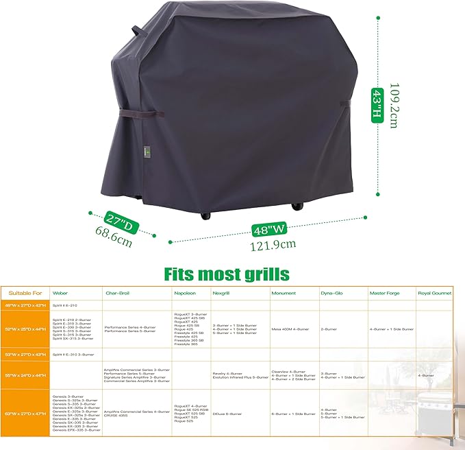F&J Outdoors Grill Cover Waterproof UV Resistant for 2 Burner Charcoal Gas BBQ, 48Wx27Dx43H in, Grey