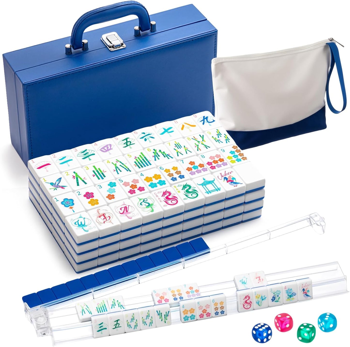 American Mahjong Set 168 Blossom Acrylic Numbered Tiles, 4 All-in-One Rack/Pushers, 4 Dice, Blue Tiles Bag and Portable Travel Case Classic Full Size Complete Mahjongg Game Set
