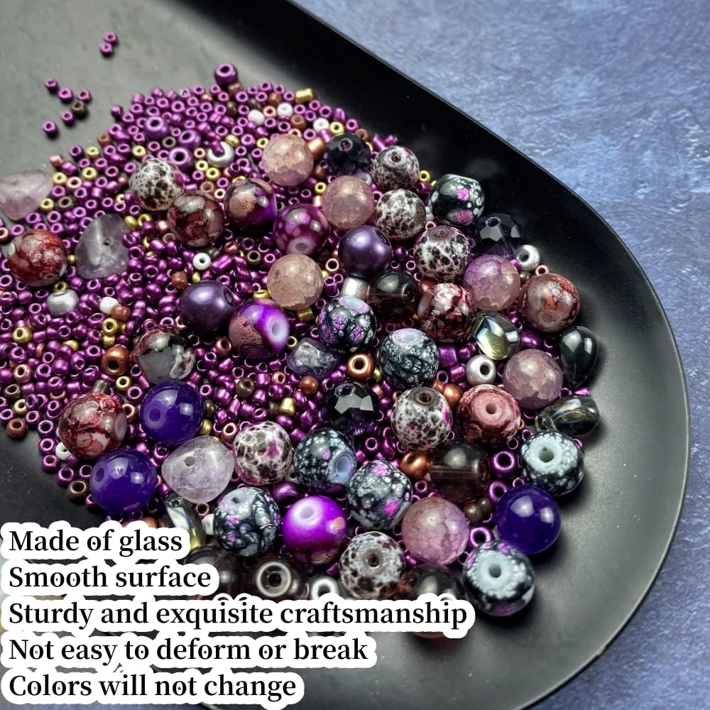 Assorted Glass Resin Beads Multi Size Colors Smooth Cracked Gravel Millet Spacer Beads for Bracelets Necklace Earring DIY Jewelry Making Craft(Deep Purple Series)