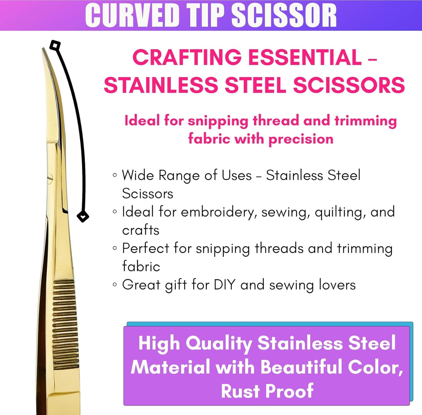 Cross Edge Curved Spring Scissors 5 Inch Stainless Steel Precision Eyebrow & Eyelash Shaping & Trimming Scissor, Snips Squeeze, Embroidery, Knitting Micro Tip Craft Scissors (Gold)