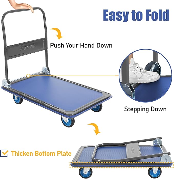 Olympia Tools Foldable Push Cart Dolly - 600 Lb. Capacity Heavy Duty Platform Truck with 360° Swivel Wheels - Blue