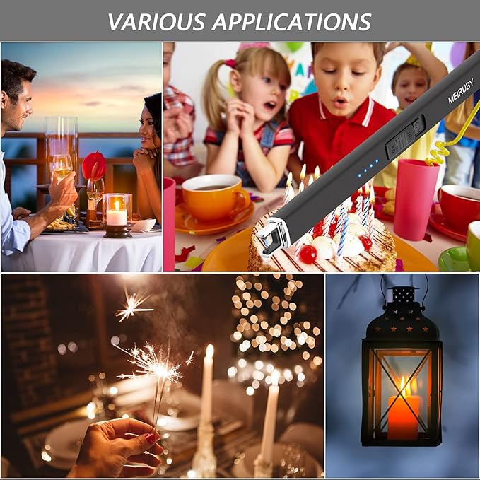 MEIRUBY Lighter Electric Candle Lighter Long Electronic Rechargeable USB Arc Windproof Flameless Lighters for Candle Camping BBQ Birthday Women's Day Gifts for Women Mom Wife Men, Balck
