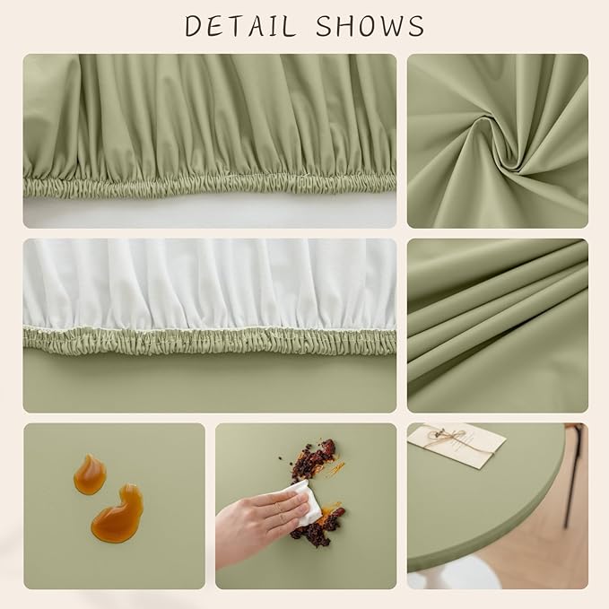 Round Fitted PU Tablecloth with High Elastic Edge 63 Inch Dia Waterproof Oil Proof Table Cloth Anti-Scald Stain-Resistant Wipeable Table Cover for Indoor Outdoor Picnic (Green,63" Dia)