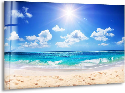 My Photostation.com 35.5Wx30H'' Summer Beach Landscape Glass Wall ArtTempered Glass Printing Wall Decor Large Wall Art Wall Hangings