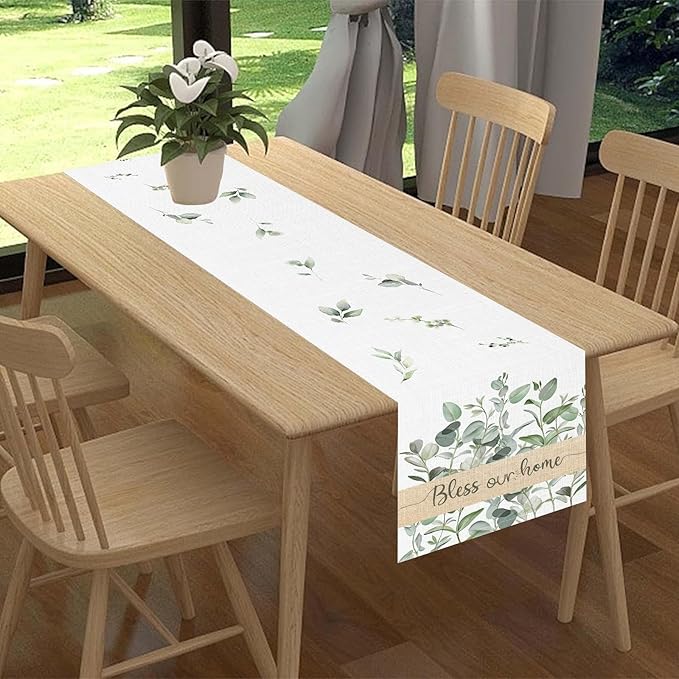 Farmhouse Table Runner, Green Eucalyptus Spring Summer Seasonal Plants Rustic Country Cafe Coffee Table Center Decor for Home Kitchen Dining Patio Indoor Outdoor Table Decorations, 13"x72" Inch