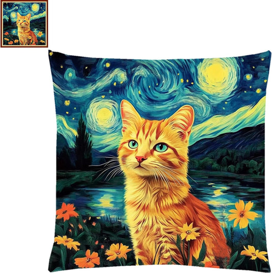 Fanxvivy Stamped Cross Stitch Kits for Adults Beginners Pillow Needlepoint Kit with Embroidery Pattern Needlework Kit Prestamped Stitches Kit 11CT Cross Stitching-Van Gogh Starry Cat 18x18 inch