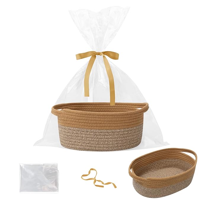 Gift Basket with Gift Bag and Ribbons,Small Rope Woven Shelf Storage,Baskets for Gifts Empty,Birthday,Baby Shower,Decorative Organizer Box with Handles(Jute&Mixed Brown)