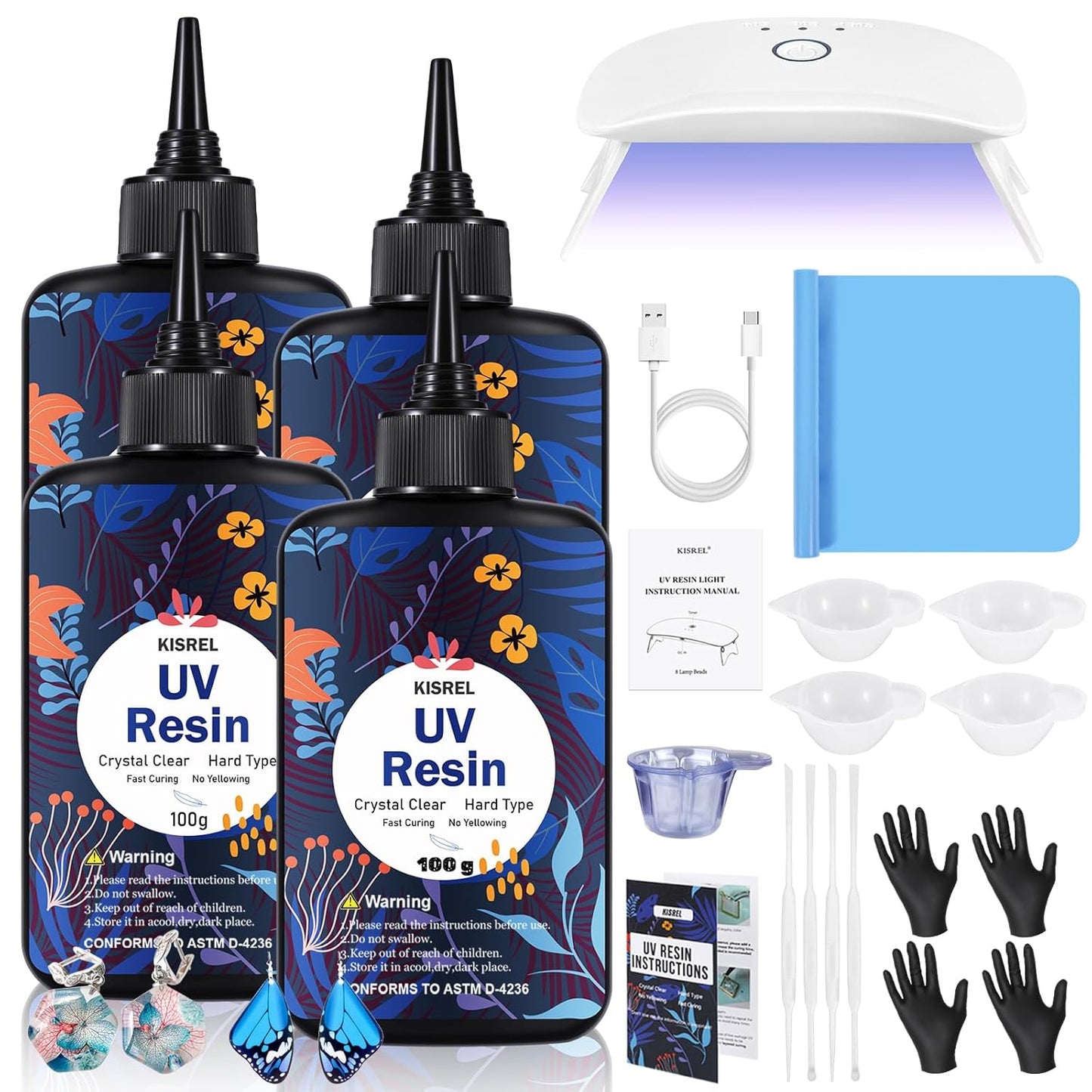 UV Resin with Light - 400g Hard Type Crystal Clear Ultraviolet Curing UV Resin Kit, 8 Lamp Beads UV Light(Non-Battery), UV Resin with Light for Craft Jewelry Making