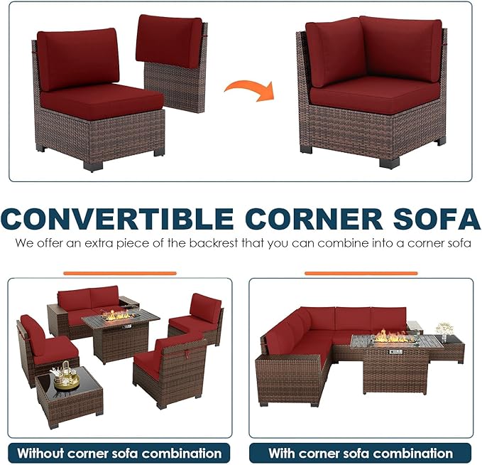 7 Piece Patio Furniture Set with Fire Pit Table, Outdoor Conversation Sets Wicker Rattan Sectional Sofa with Coffee Table, 4'' Thickened Cushion Wine Red (Include Waterproof Cover)