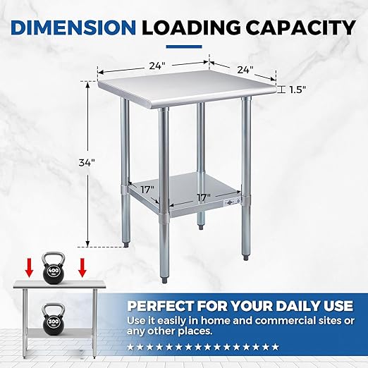 Profeeshaw Stainless Steel Prep Table 24x24 Inch NSF Commercial Work Table with Undershelf Heavy Duty Table for Kitchen Restaurant Home Hotel