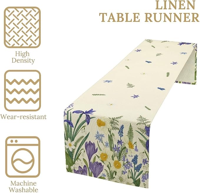 Wildflowers Table Runner,Spring Purple Floral Summer Seasons Daisy Flower Print Kitchen Dining Table Decoration for Home Farmhouse Party 13x120in