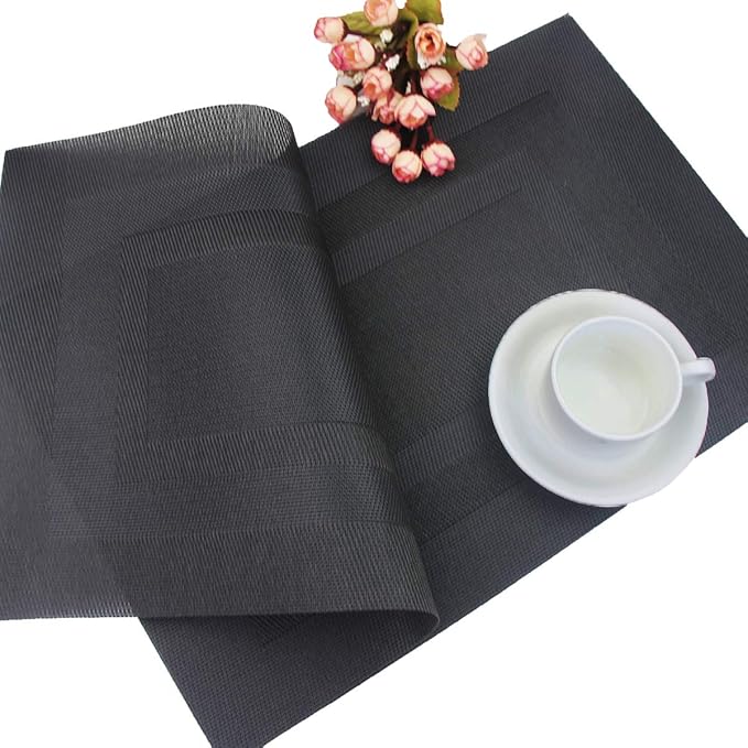 PIGCHCY Placemats,Washable Woven Vinyl Durable Placemats for Dining Table,Easy to Clean Plastic Placemats Set of 6 (18 x 12 inches, Pure Black)