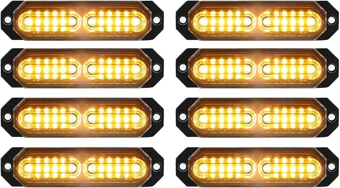 ASPL 8pcs Sync Feature Ultra Slim 12-LED Surface Mount Flashing Strobe Lights for Truck Car Vehicle LED Mini Grille Light Head Emergency Beacon Hazard Warning Lights (Amber)