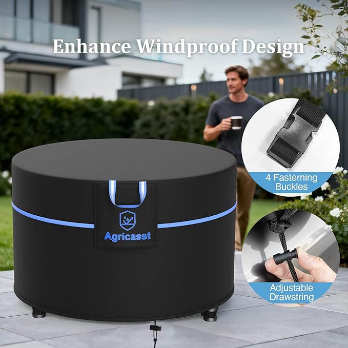 Round Fire Pit Cover for 33''- 36'' Fire Pit, 600D Heavy Duty Outdoor Firepit Cover Waterproof Patio Fire Table Cover with Air Vent, Handle, 4 Windproof Buckles, Drawstring - 36"Dia x 24"H