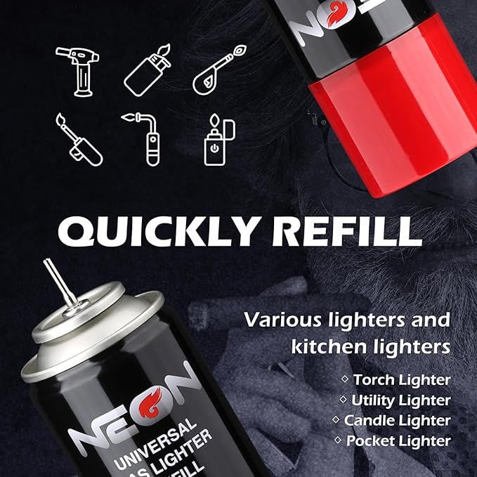 NEON Butane Fuel 300ml, 5X Premium Refined Butane Refill for Torch Lighter, 0 Impurities Lighter Fluid with Metal Nozzle & 5 Butane Gas Refill Adapters for Culinary, Welding, and DIY (4 Cans)