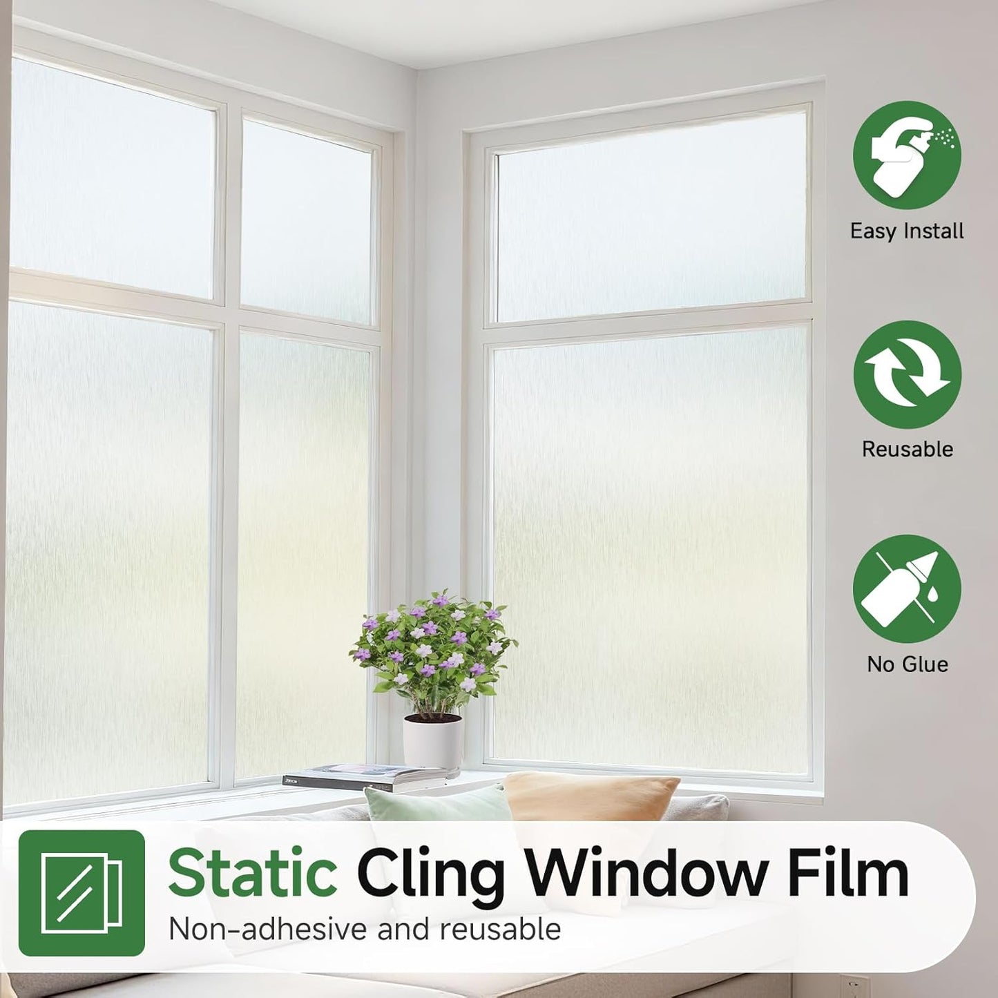 Borsky Frosted Glass Window Film - Static Cling, 96% UV Blocking Non-Adhesive Privacy Window Film, Removable Window Cling with Day & Night Privacy for Bathroom Home Office, 45.2 x 314.9 Inches, Pure