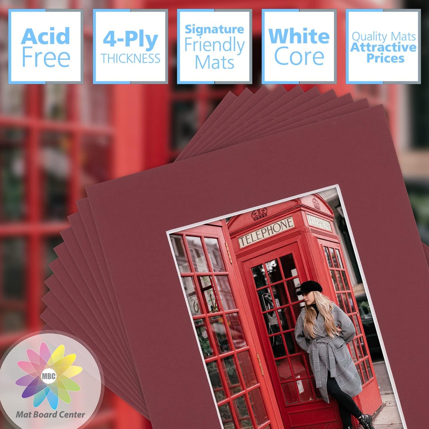 Mat Board Center, Pack of 10, 8x10 for 5x7 Maroon Color Mats - Bevel Cut, Acid Free, 4-ply Thickness, White Core - for Pictures, Photos, Framing