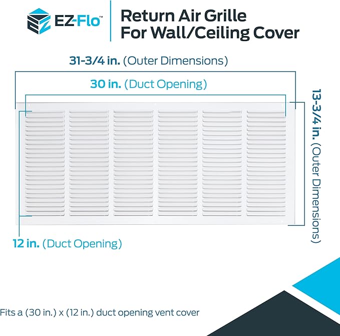 EZ-FLO 30 x 12 Inch White Return Vent Cover for Wall or Ceiling, Solid Steel Grille, HVAC Air Return, 61648 (Pack of 5)