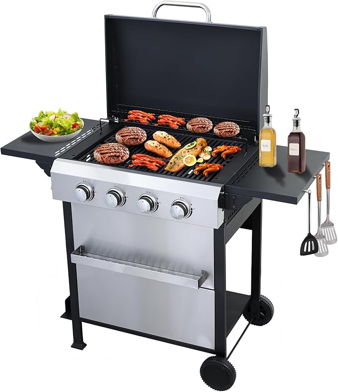 CIG GARDEN 4 Burner Propane Gas Grill, 42,000 BTU Output Flat Top BBQ Grill with Stainless Steel Griddle, Perfect for Outdoor Cooking, Balcony, Backyard, Camping, Barbecue