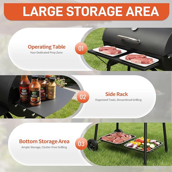 Outvita Barrel Charcoal Grill with Warming Rack, Outdoor BBQ Grill with Side Front Table with Nearly 564 Sq.In. Cooking Grid Area for Backyard Patio Picnic Parties Camping, Black