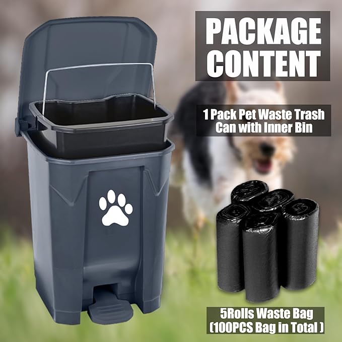 tebiete Dog Poop Trash Can Outdoors Pet Waste Station with Lid Dog Waste Disposal Container with Removable Inner Bin Bucket Hands-Free Pedal Garden Yard Home with 5Rolls Waste Bags, Grey