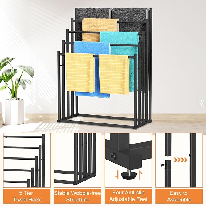 Honiter Towel Racks for Bathroom, 5 Tier Wide Towel Drying Rack Outdoor, Free Standing Towel Rack, Pool Towel Blanket Stand and Display Rack for Oversized Bath Towels