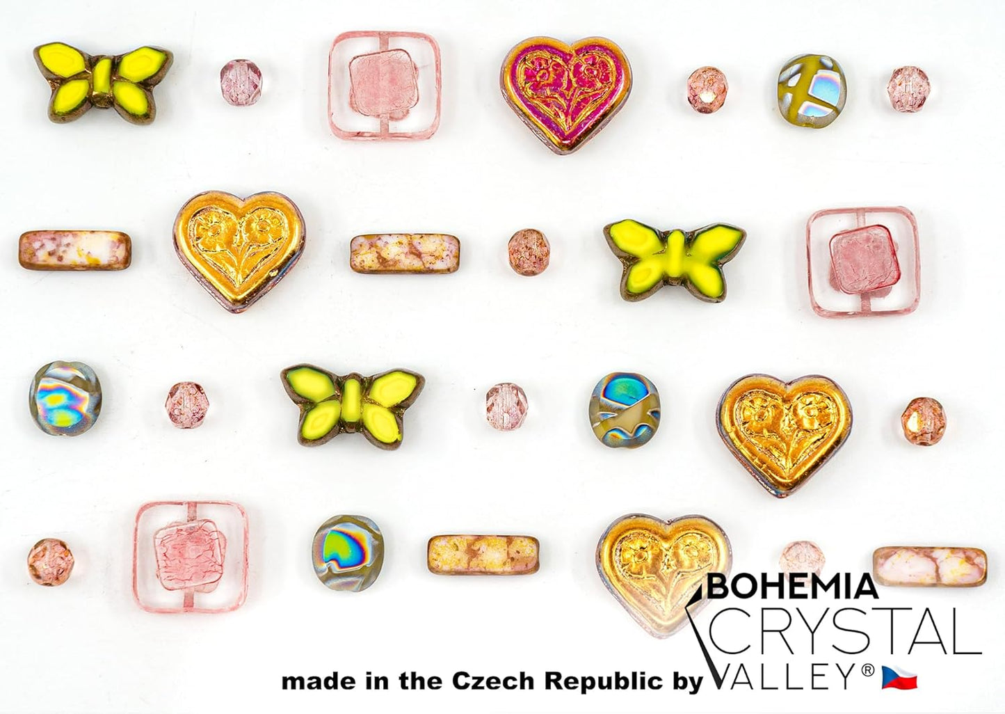 2.1oz (60g) of Focal Glass Bead Mix with Table-Cut Flower and Butterfly Beads, PG Pale Green Pink
