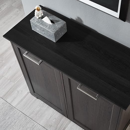 OLD CAPTAIN Double Tilt Out Trash Cabinet, Wooden Kitchen Garbage Can Free Standing Holder (Dark Brown+Black Top Panel)