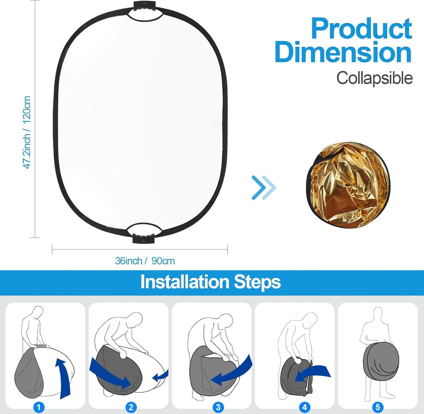 WELLMAKING 35''x47'' (90x120cm) Reflector Photography with Threaded Handle, Collapsible Light Reflector with Bag & tilt Adapter, 5in1 Reflector for Studio - Translucent, Silver, Gold, White and Black