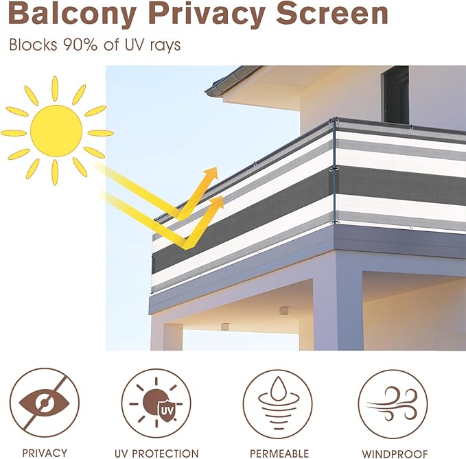 SUNNY GUARD 3'x16' Balcony Deck Privacy Screen Fence, Apartments Railing Screen Heavy Duty Wind Screen for Outdoor,Backyard,Patio Privacy(Silver Gray White Stripes