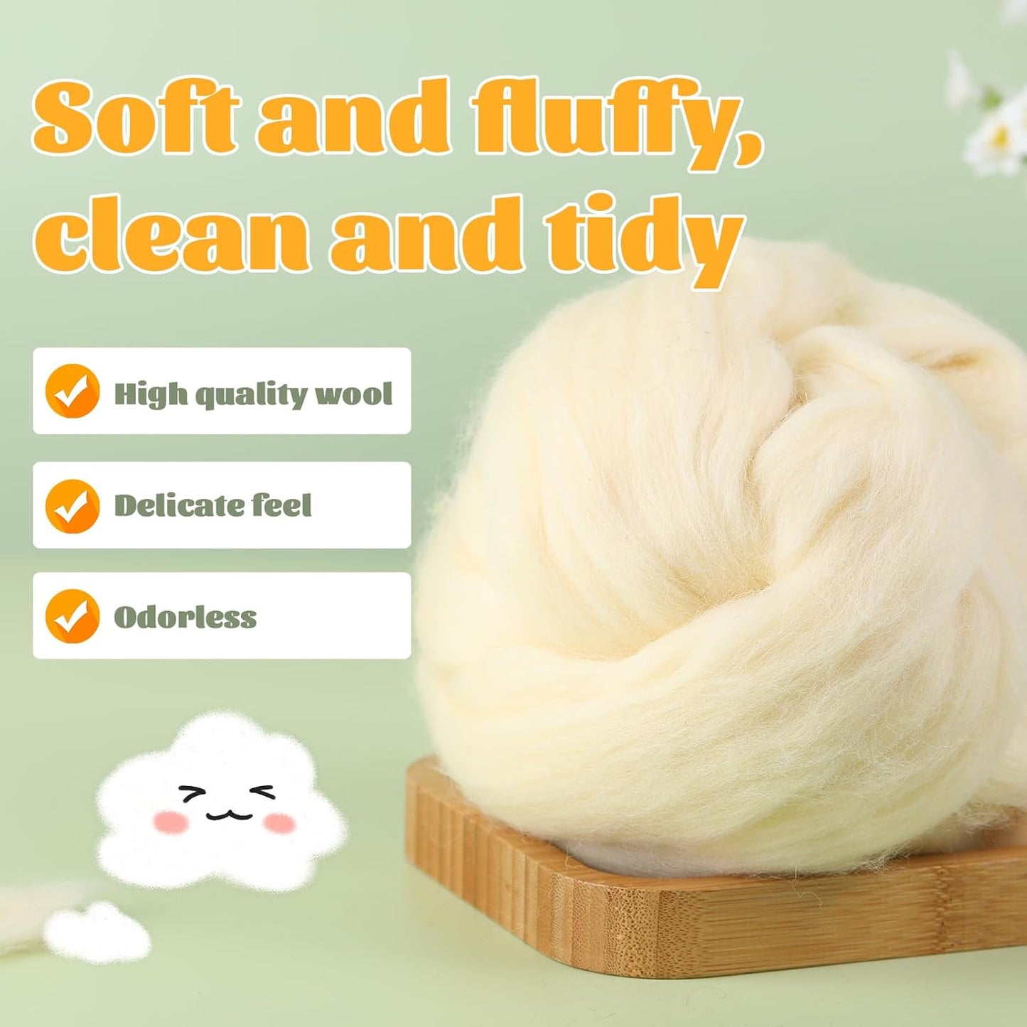 3.53oz Wool Roving Yarn, Wool Felting Supplies, Pure Wools, Chunky Yarn, Spinning Wool Roving for Needle Felting Wet Felting DIY Hand Spinning (Apricot White)