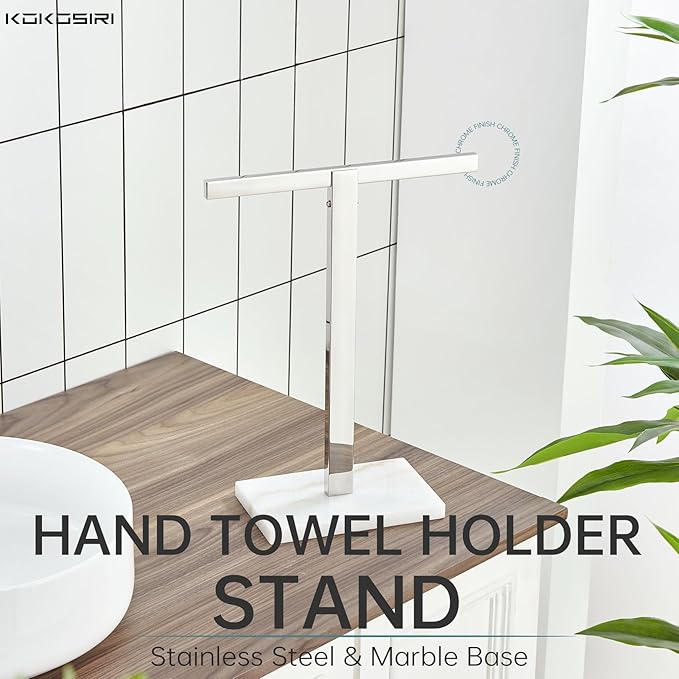 KOKOSIRI Hand Towel Rack Stand Towel Bar with Marble Base for Bathroom Kitchen Vanity Countertop, Polished Stainless Steel 15.7'' Height THS0002-SM-CH