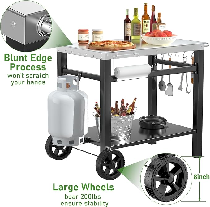 34x21IN Outdoor Grill Table, Grill Stand Cart for Ninja Woodfire & Blackstone Griddle, Pizza Oven Table for Outside, Extra-Wide Stainless Steel Cart with Wheels for Kitchen Table Barbecue Tool Set