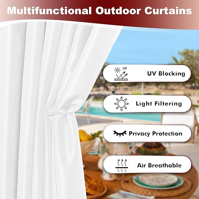 HolidayIdeas White Outdoor Curtains for Patio Waterproof 8 Pcs All Weather Balcony Grommet Top Outside Curtains for Apartments, Gazebo, Pergolas, Porch, 54x120 Inch