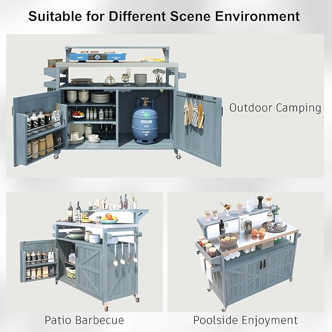 53.3" Outdoor Kitchen Island with Stainless Steel Top, Rolling Grill Cart with Adjustable Shelves, Raised Shelf, Lockable Wheels, Portable Outdoor Table and Bar Storage Cabinet for Patio