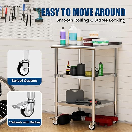Stainless Steel Work Table with Wheels, 24x24 Inch NSF Food Prep Table with Backsplash & 2 Adjustable Undershelves for Commercial Kitchen, Restaurant, Garage