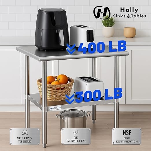 Hally Sinks & Tables H Stainless Steel Table for Prep & Work 24 x 24 Inches, NSF Commercial Heavy Duty Table with Undershelf and Galvanized Legs for Restaurant, Home and Hotel