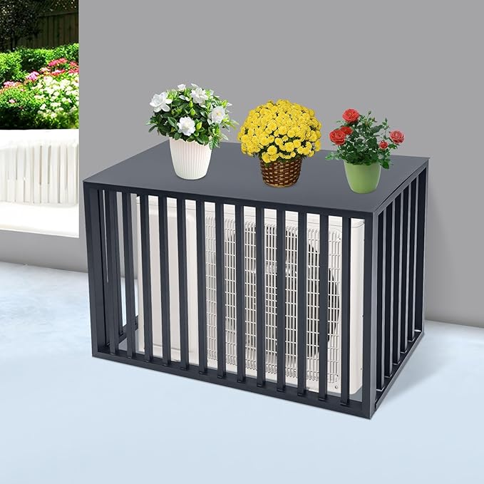 Air Conditioner Fence with Top Cover, 4 Panels 39.4 "L x 19.7 "W x 27.6" H Privacy Fence Panels for Outside, Freestanding Metal Trash Can Hider Outdoor, No-Dig Air Conditioner Sun Blocker Kit (Grey)