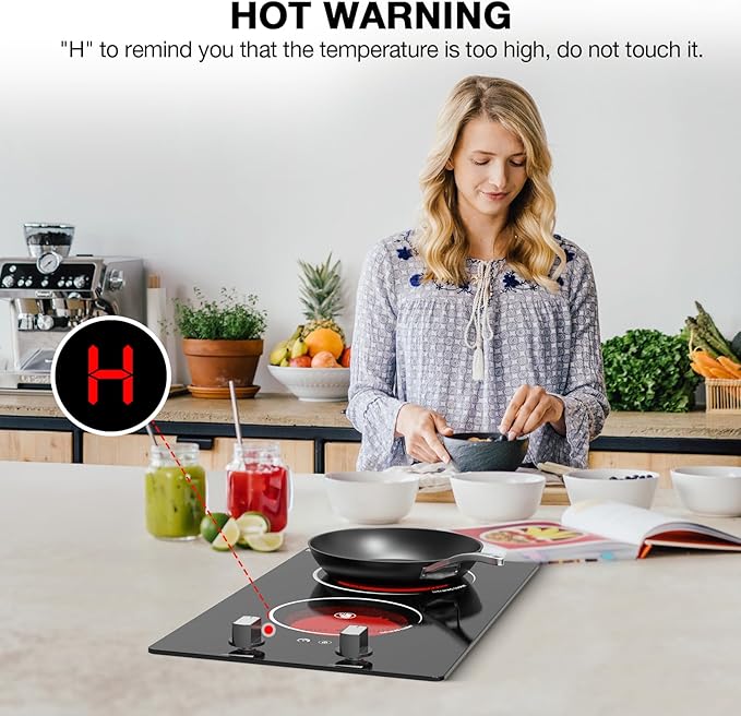 2 Burner Electric Cooktop, 2100W Electric Stove Top Hot Plate, 12 inch Countertop Burner & Built-In Stove Top, 9 Levels of Power, Knob Control, Timer & Kid Safety Lock, Residual Heat Warning