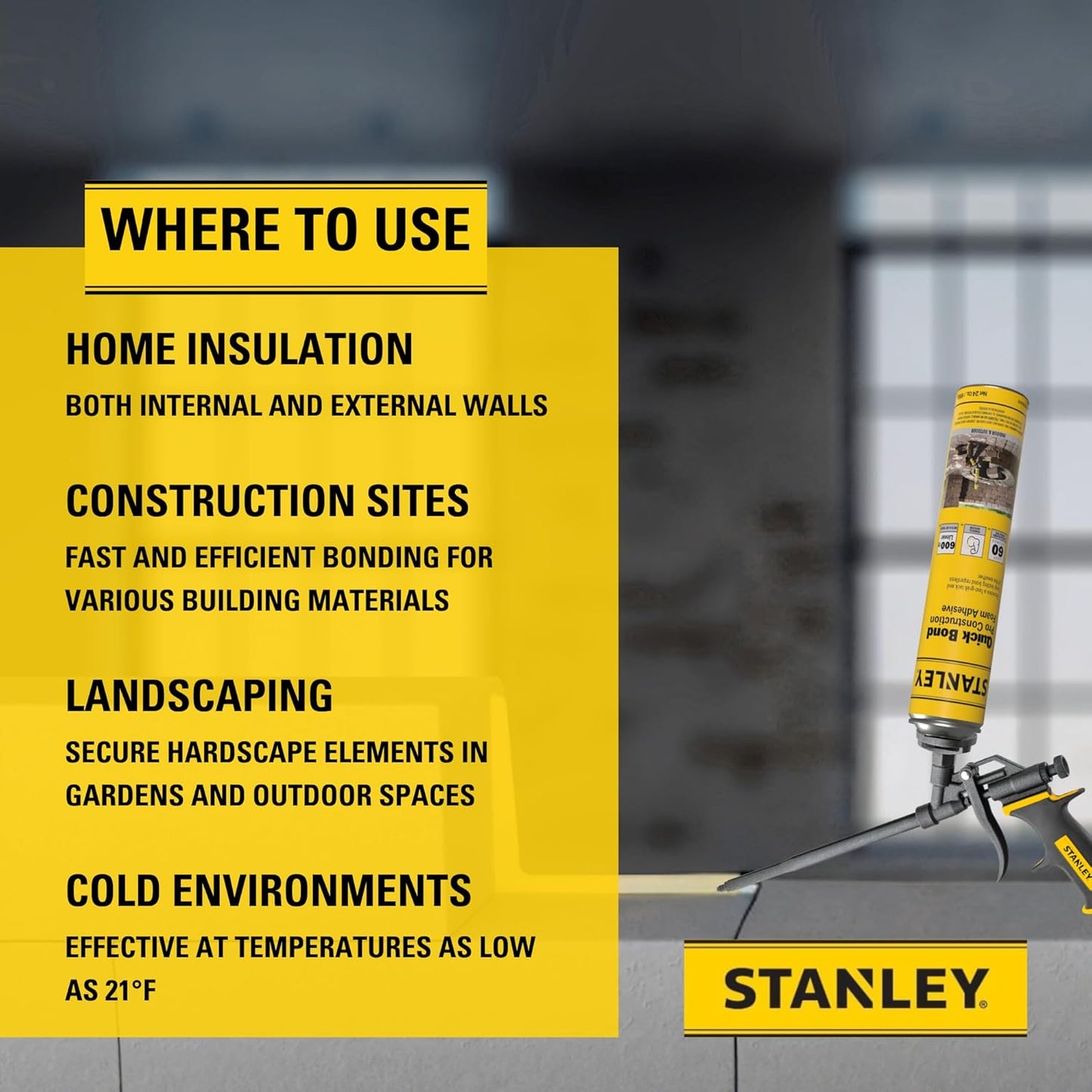 Stanley Quick Bond Adhesive Foam - 2x24oz, Reliable Bond Adhesive for Various Materials, Strong bonding, No Mixing, Gun Use, Gun NOT Included | 2 Pack