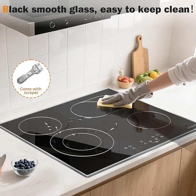 Noxton 24 Inch Electric Cooktop, 4 Burners Ceramic Glass Stove Top with Dual and Oval Expandable Zones, Stainless Steel Frame, Timer, Child Lock, 240V Hardwired