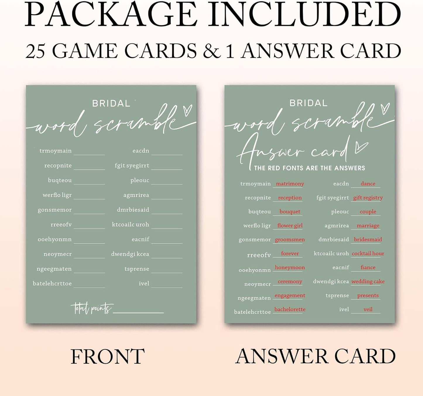 Bridal Shower Games Cards, Bridal Word Scramble, 25 Game Cards with 1 Answer Card, Engagement Party Wedding Games for Guests, Minimalist Green Wedding Party Supplies - C14