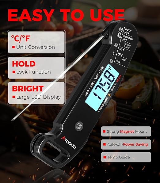 Atogou Professional Food & Meat Thermometer, 1 Sec Instant Read & ±0.5℉ Accuracy, Thermocouple Sensor, IP67 Waterproof Digital Thermometer for Cooking, BBQ, Grill Gifts for Men Him Dad Birthday