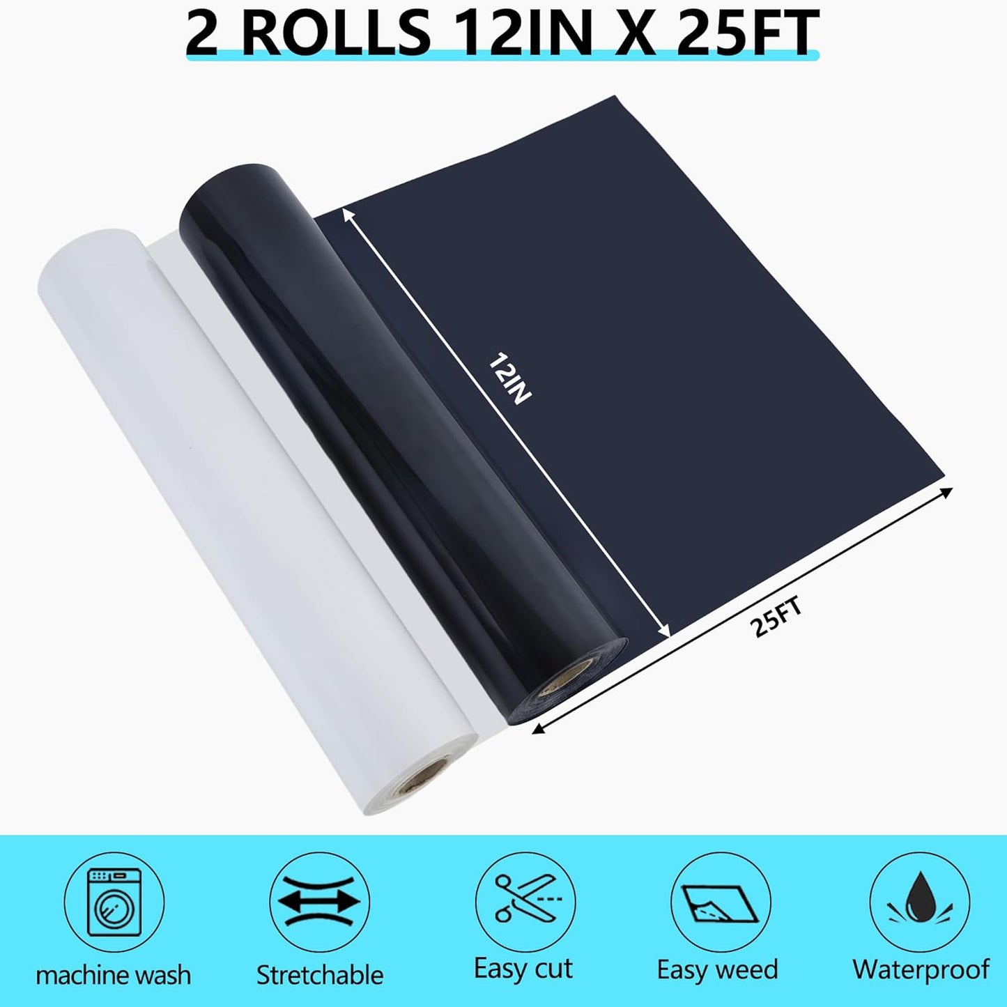 HTVVETUR Iron on Vinyl 2 Rolls 12" x 25ft HTV Black and White Heat Transfer Vinyl for T-Shirt HTV Rolls for All Cutter Machine - Easy to Cut & Weed for Heat Transfer Design