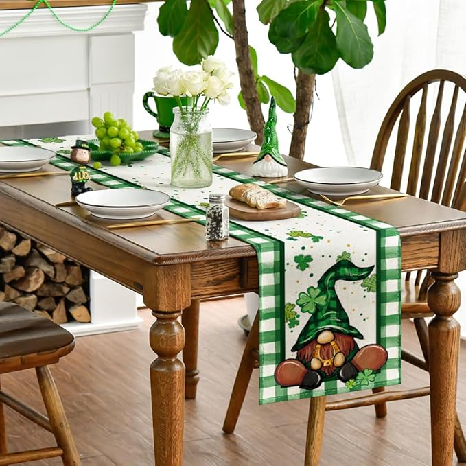 Artoid Mode Shamrock Lucky Buffalo Plaid Gnomes St. Patrick's Day Table Runner, Kitchen Dining Table Decor for Outdoor Home Party Decor 13 x 60 Inch