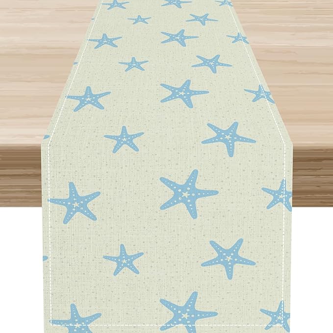 Blue Starfish Table Runner,Nautical Beach Ocean Table Runner Seasonal Holiday Home Kitchen Dining Table for Home Party Decor 13"x36"
