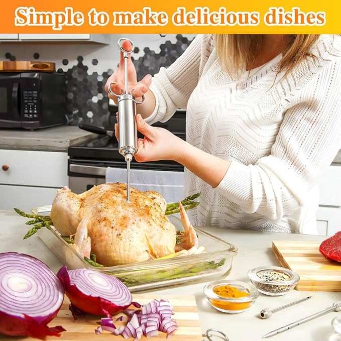 304-Stainless Steel Meat Injector Syringe Kit with 3 Marinade Needles for BBQ Grill Smoker, Turkey, Beef, Brisket, Fish, 2-oz Large Capacity, Silicone Brush and Cleaning Brush